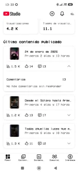 Rendimiento de los últimos contenidos en YouTube Studio